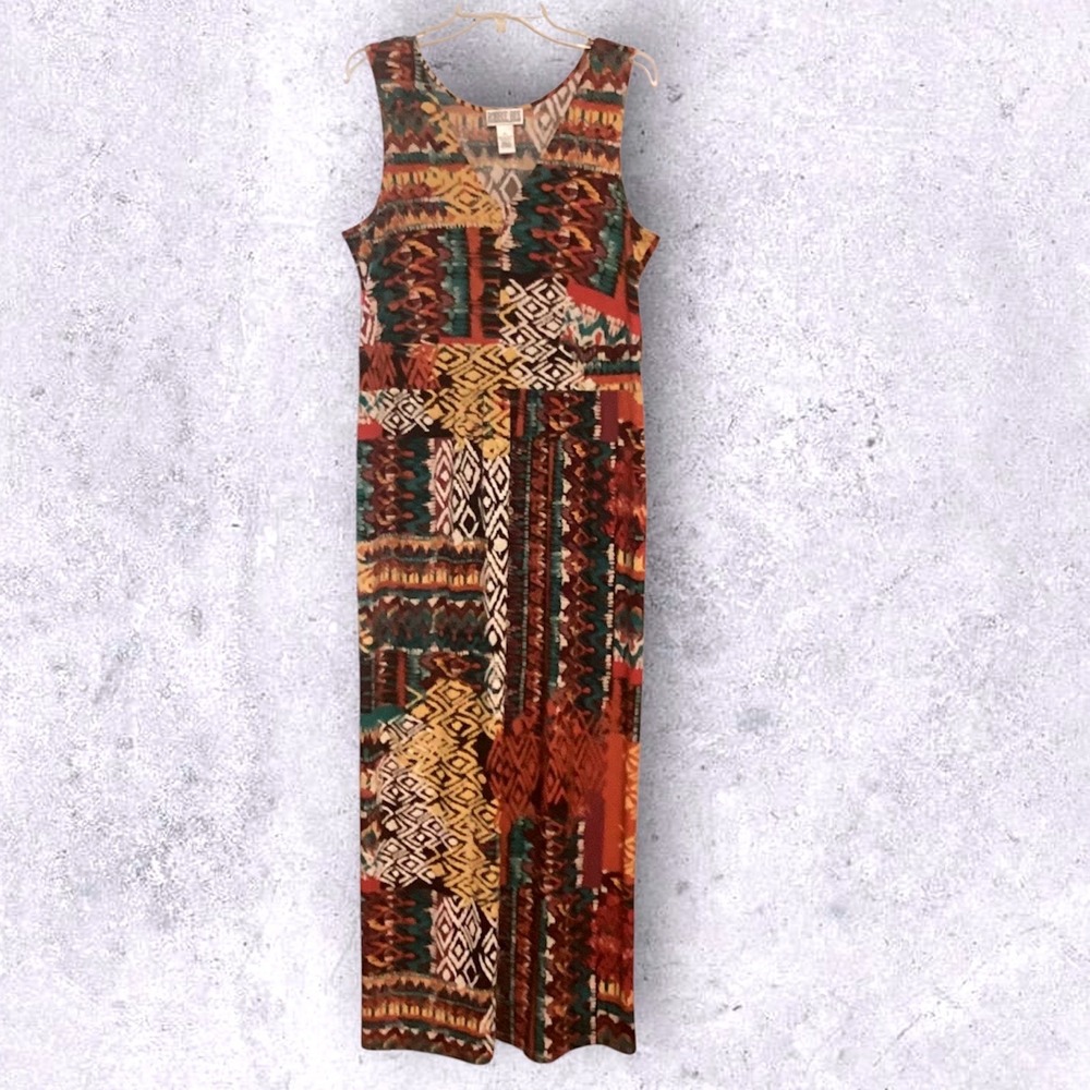 Robbie Bee Womens XL Multi Color Geometric Tribal Patchwork V-Neck Maxi Dress